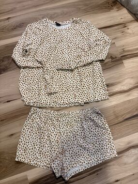 free press White and Brown Dot Long-Sleeve Top with Matching Shorts Pajama Set